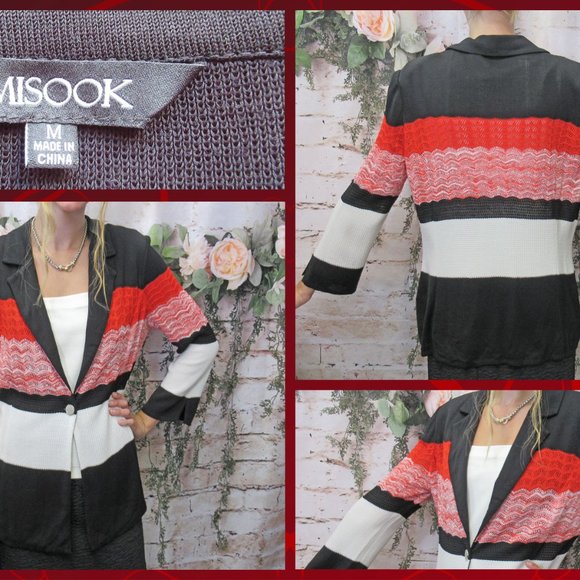 MISOOK knit blazer, Red/black/white striped, V neck with collar, 1 front button - Picture 9 of 10